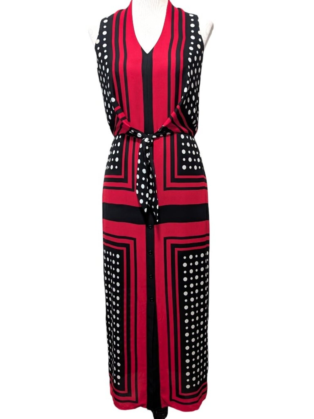 Joseph Ribkoff Womens Sz 4 Red Black Polka Dot Sash Tie Sleeveless Sheath Dress